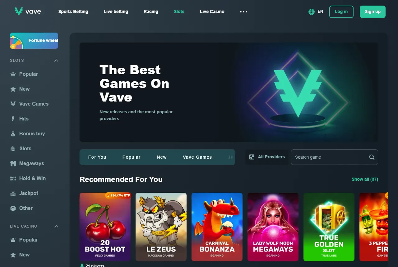 Vave casino lobby with categories and recommended game tiles