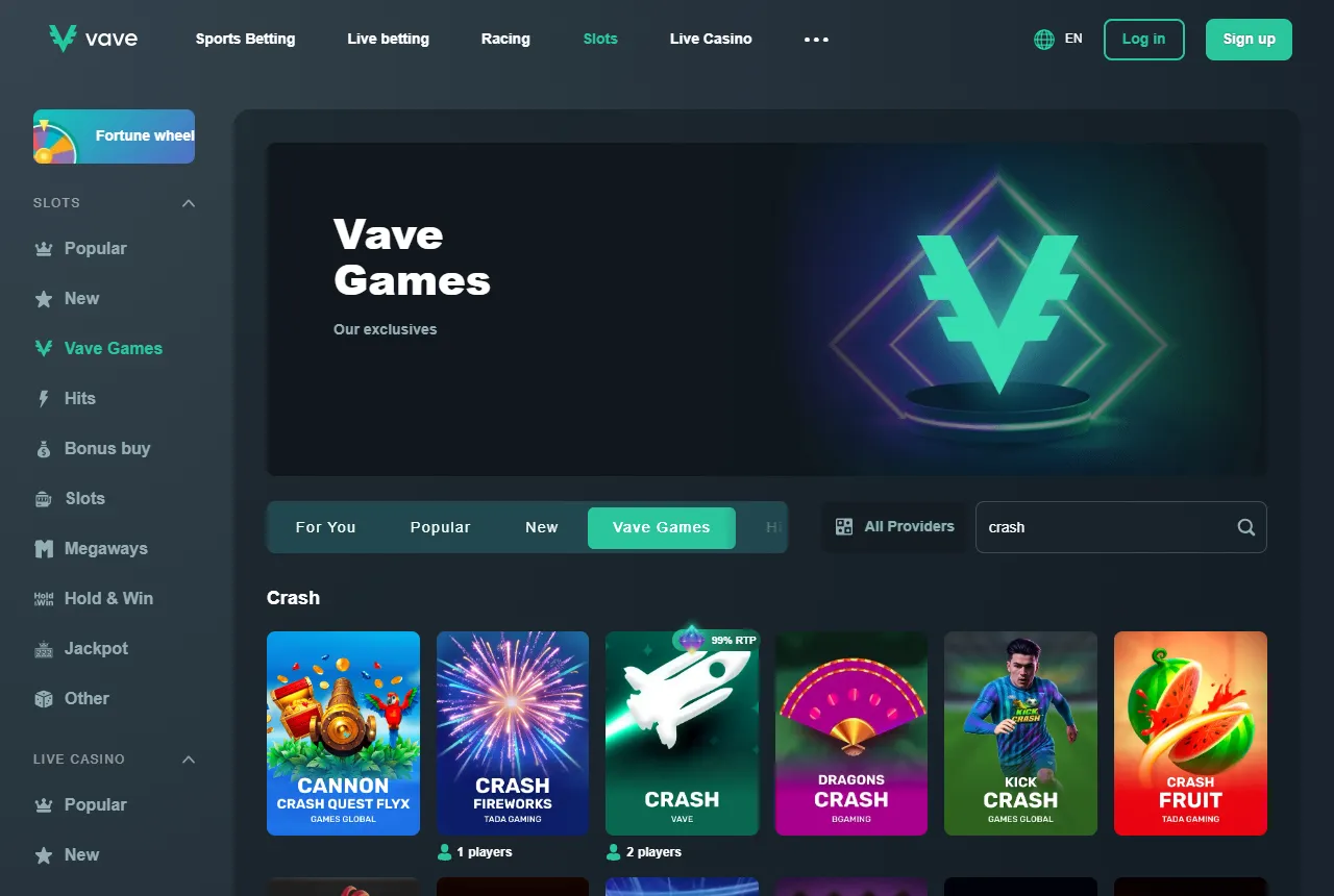 Vave lobby search for crash showing Cannon Crash Quest, Crash Fireworks, Vave Crash, Dragons Crash, Kick Crash and Crash Fruit