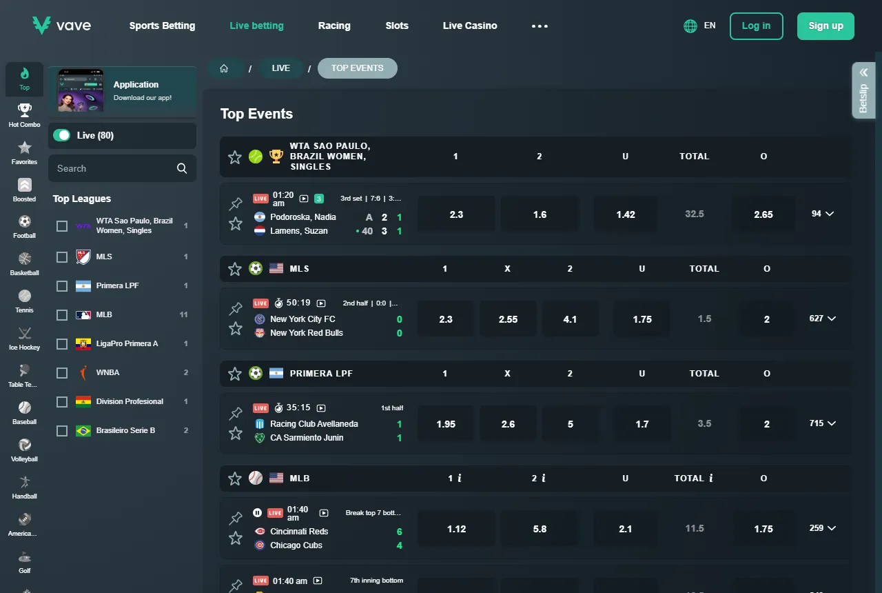 Vave live betting top events with WTA Sao Paulo, MLS, Primera LPF and MLB games and a video icon next to the minute