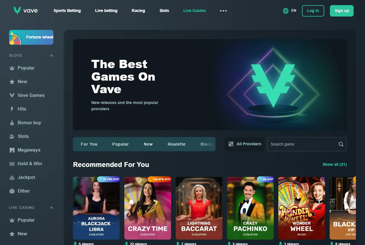 Vave live casino lobby with Evolution game show and blackjack tiles and RTP badges