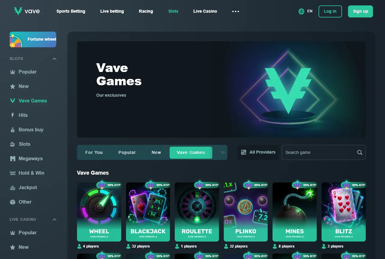Vave Games category with the book's own games, each tile marked 99% RTP