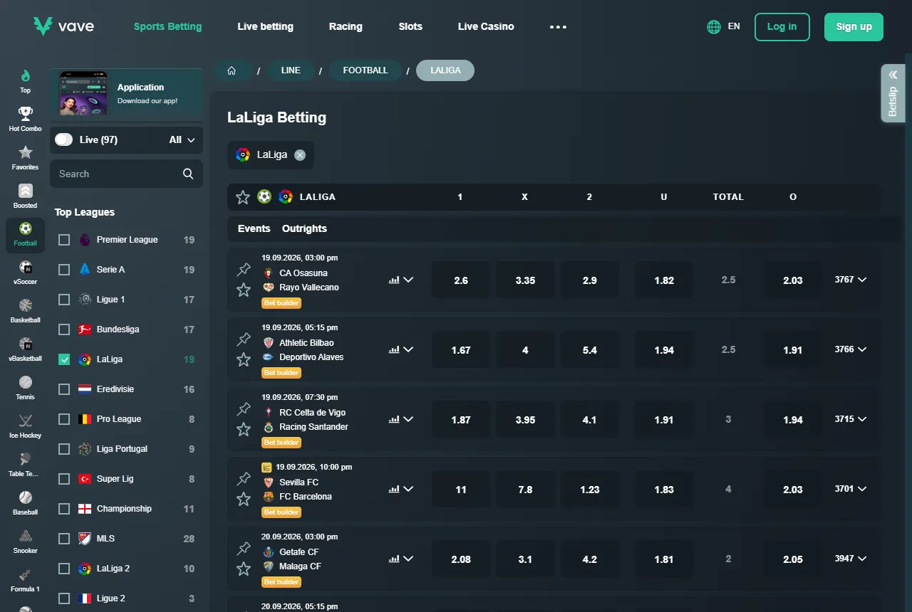 Vave prematch list for LaLiga with decimal 1X2 odds for each fixture