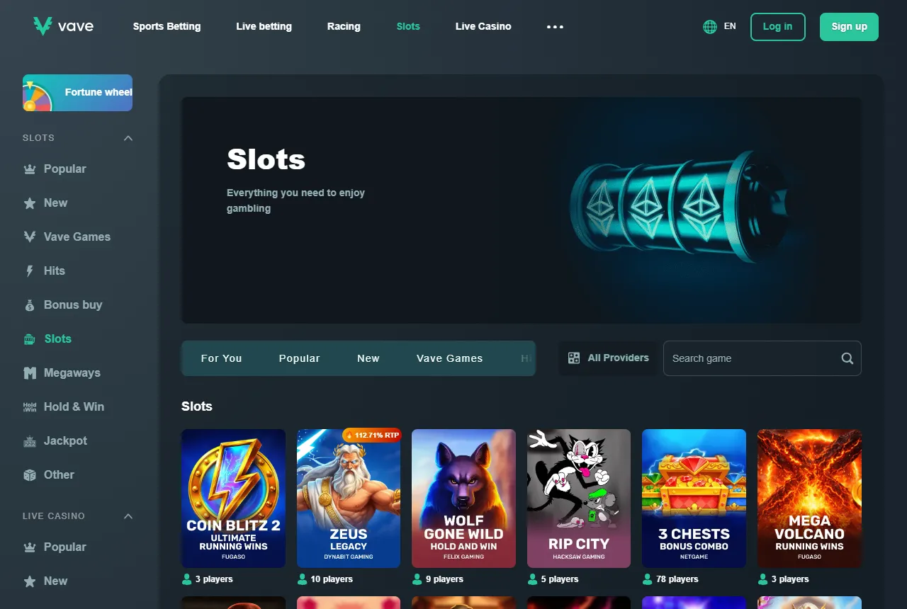 Vave slots category with game tiles from several studios